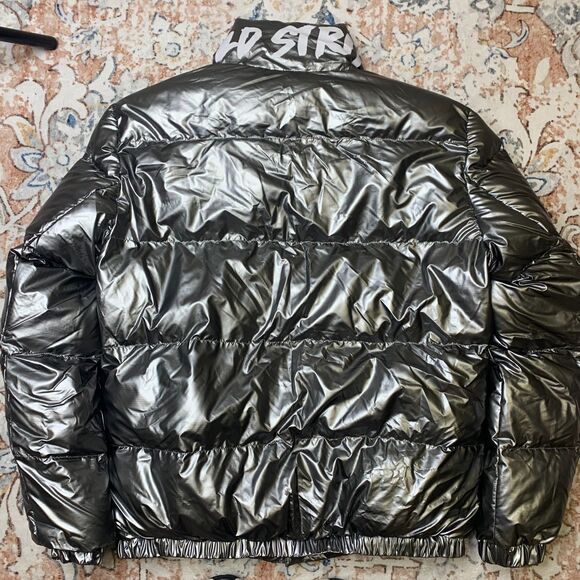 MACEOO + Gold Strike Mens Puffer Jacket Silver Metallic Shiny Spellout XL - Picture 3 of 14
